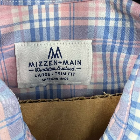 MIZZEN+MAIN Mens Large Pink Blue Plaid Long Sleeve Trim Fit Button Front Shirt - Picture 6 of 7